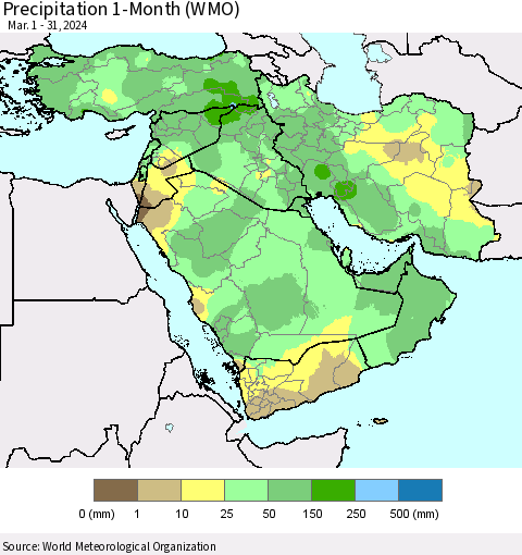 Middle East and Turkey Precipitation 1-Month (WMO) Thematic Map For 3/1/2024 - 3/31/2024