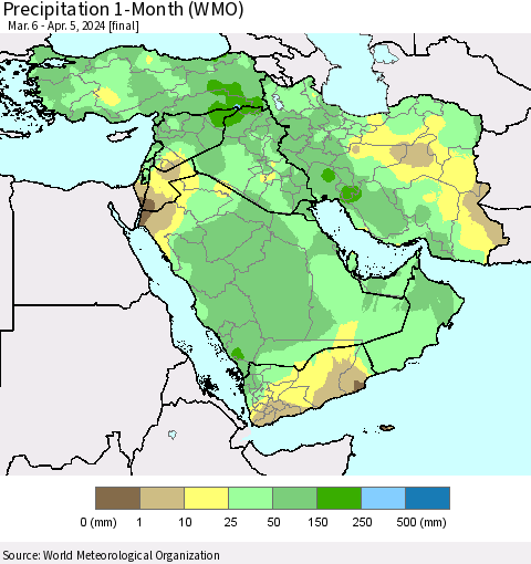 Middle East and Turkey Precipitation 1-Month (WMO) Thematic Map For 3/6/2024 - 4/5/2024