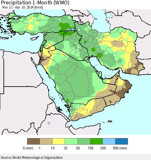 Middle East and Turkey Precipitation 1-Month (WMO) Thematic Map For 3/11/2024 - 4/10/2024