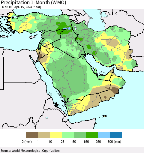 Middle East and Turkey Precipitation 1-Month (WMO) Thematic Map For 3/16/2024 - 4/15/2024
