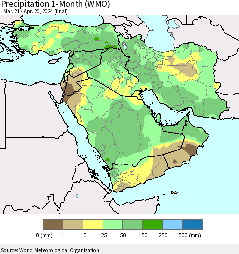 Middle East and Turkey Precipitation 1-Month (WMO) Thematic Map For 3/21/2024 - 4/20/2024