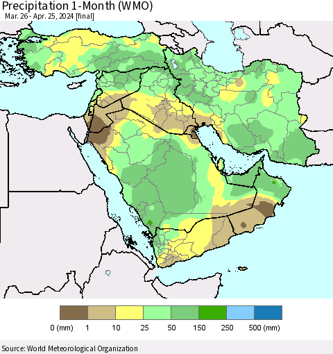 Middle East and Turkey Precipitation 1-Month (WMO) Thematic Map For 3/26/2024 - 4/25/2024