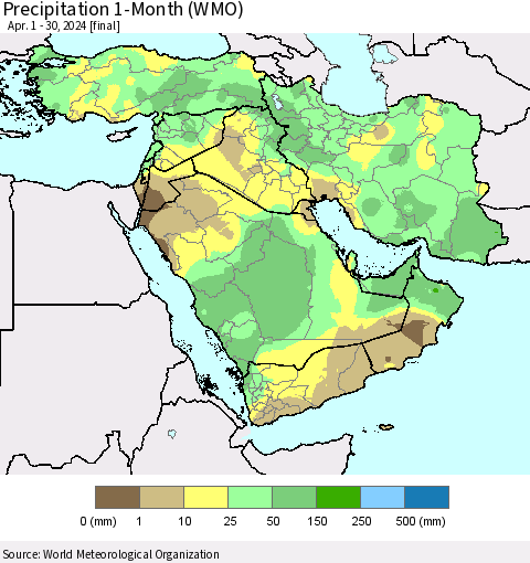 Middle East and Turkey Precipitation 1-Month (WMO) Thematic Map For 4/1/2024 - 4/30/2024