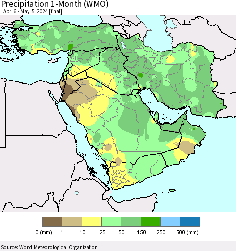 Middle East and Turkey Precipitation 1-Month (WMO) Thematic Map For 4/6/2024 - 5/5/2024