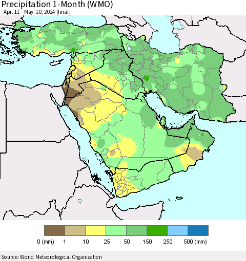 Middle East and Turkey Precipitation 1-Month (WMO) Thematic Map For 4/11/2024 - 5/10/2024