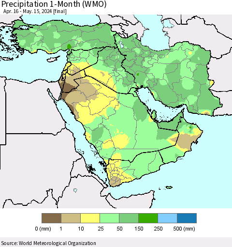 Middle East and Turkey Precipitation 1-Month (WMO) Thematic Map For 4/16/2024 - 5/15/2024