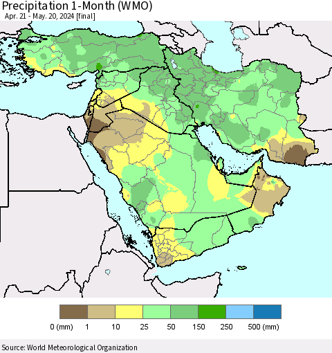 Middle East and Turkey Precipitation 1-Month (WMO) Thematic Map For 4/21/2024 - 5/20/2024