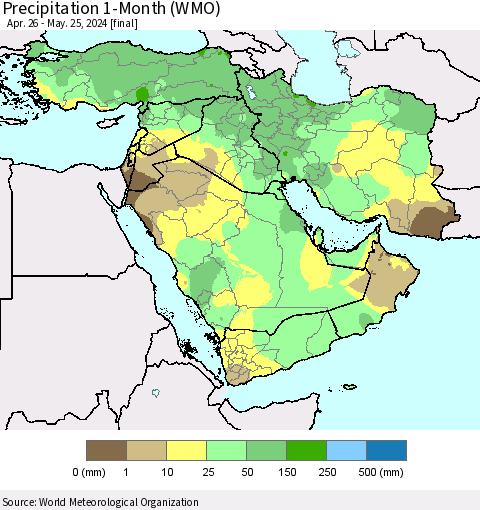 Middle East and Turkey Precipitation 1-Month (WMO) Thematic Map For 4/26/2024 - 5/25/2024