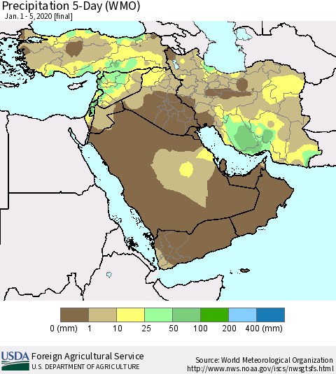 Middle East and Turkey Precipitation 5-Day (WMO) Thematic Map For 1/1/2020 - 1/5/2020