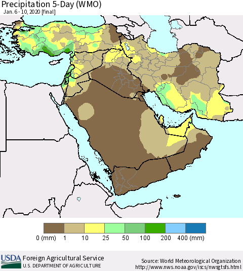Middle East and Turkey Precipitation 5-Day (WMO) Thematic Map For 1/6/2020 - 1/10/2020