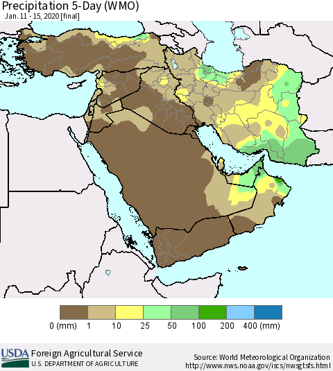 Middle East and Turkey Precipitation 5-Day (WMO) Thematic Map For 1/11/2020 - 1/15/2020