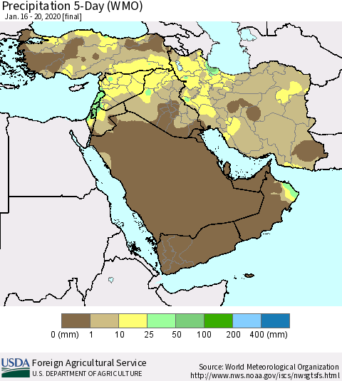 Middle East and Turkey Precipitation 5-Day (WMO) Thematic Map For 1/16/2020 - 1/20/2020