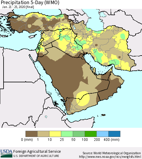 Middle East and Turkey Precipitation 5-Day (WMO) Thematic Map For 1/21/2020 - 1/25/2020