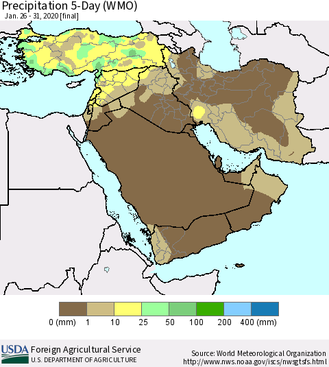 Middle East and Turkey Precipitation 5-Day (WMO) Thematic Map For 1/26/2020 - 1/31/2020