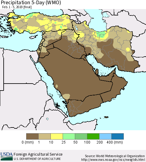 Middle East and Turkey Precipitation 5-Day (WMO) Thematic Map For 2/1/2020 - 2/5/2020