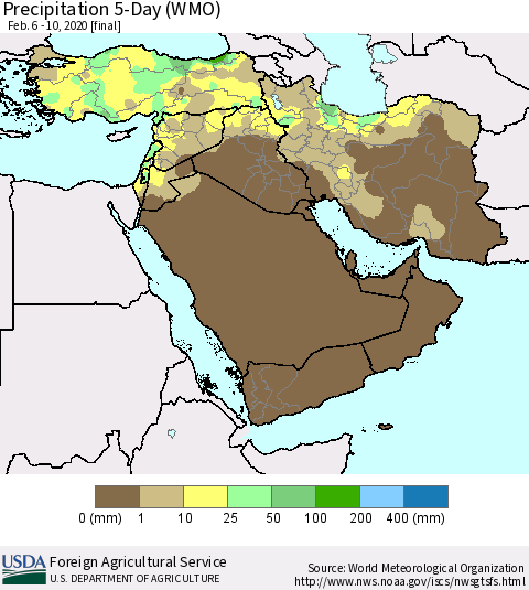 Middle East and Turkey Precipitation 5-Day (WMO) Thematic Map For 2/6/2020 - 2/10/2020