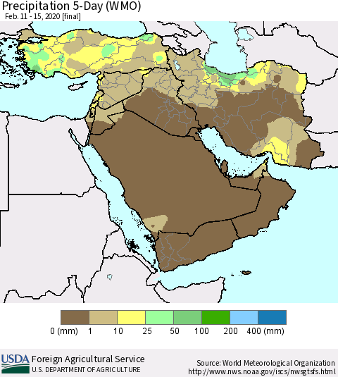 Middle East and Turkey Precipitation 5-Day (WMO) Thematic Map For 2/11/2020 - 2/15/2020
