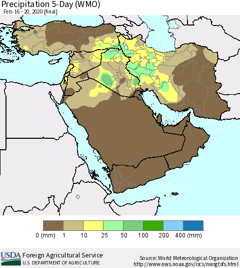Middle East and Turkey Precipitation 5-Day (WMO) Thematic Map For 2/16/2020 - 2/20/2020