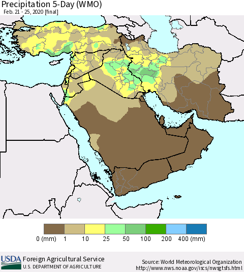 Middle East and Turkey Precipitation 5-Day (WMO) Thematic Map For 2/21/2020 - 2/25/2020