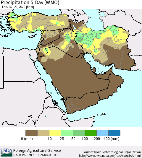 Middle East and Turkey Precipitation 5-Day (WMO) Thematic Map For 2/26/2020 - 2/29/2020