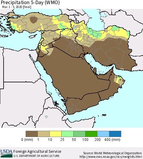Middle East and Turkey Precipitation 5-Day (WMO) Thematic Map For 3/1/2020 - 3/5/2020