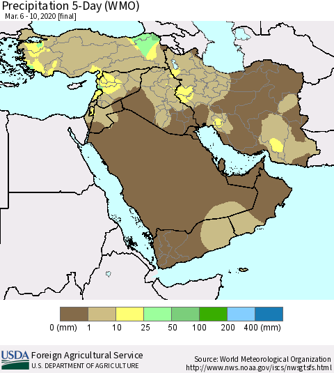 Middle East and Turkey Precipitation 5-Day (WMO) Thematic Map For 3/6/2020 - 3/10/2020