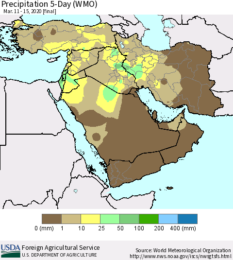 Middle East and Turkey Precipitation 5-Day (WMO) Thematic Map For 3/11/2020 - 3/15/2020