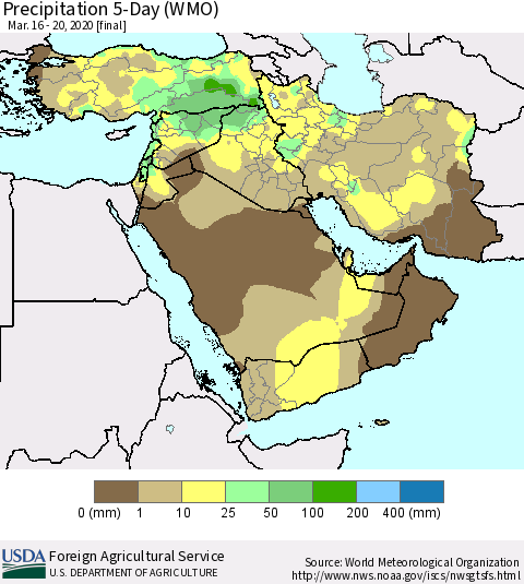 Middle East and Turkey Precipitation 5-Day (WMO) Thematic Map For 3/16/2020 - 3/20/2020