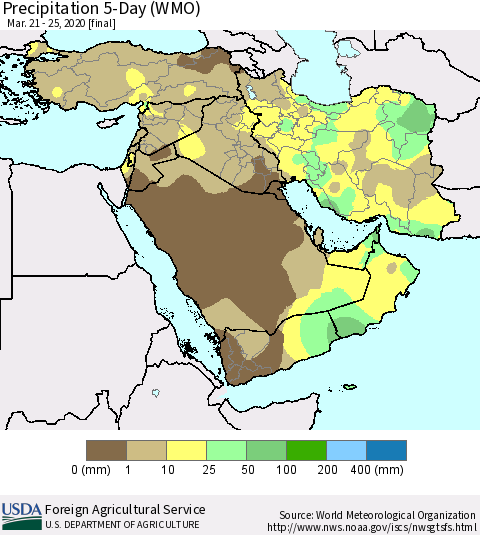 Middle East and Turkey Precipitation 5-Day (WMO) Thematic Map For 3/21/2020 - 3/25/2020