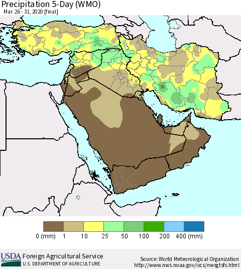 Middle East and Turkey Precipitation 5-Day (WMO) Thematic Map For 3/26/2020 - 3/31/2020