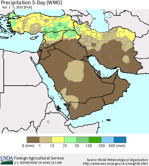 Middle East and Turkey Precipitation 5-Day (WMO) Thematic Map For 4/1/2020 - 4/5/2020
