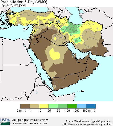 Middle East and Turkey Precipitation 5-Day (WMO) Thematic Map For 4/6/2020 - 4/10/2020