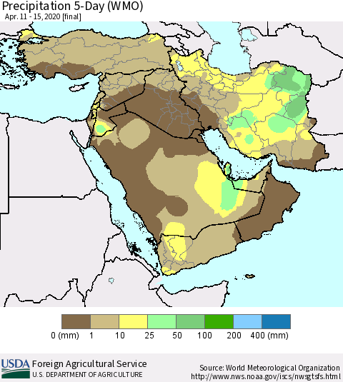 Middle East and Turkey Precipitation 5-Day (WMO) Thematic Map For 4/11/2020 - 4/15/2020