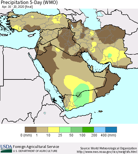 Middle East and Turkey Precipitation 5-Day (WMO) Thematic Map For 4/16/2020 - 4/20/2020