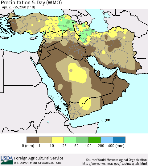 Middle East and Turkey Precipitation 5-Day (WMO) Thematic Map For 4/21/2020 - 4/25/2020