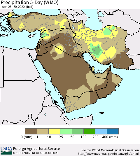 Middle East and Turkey Precipitation 5-Day (WMO) Thematic Map For 4/26/2020 - 4/30/2020