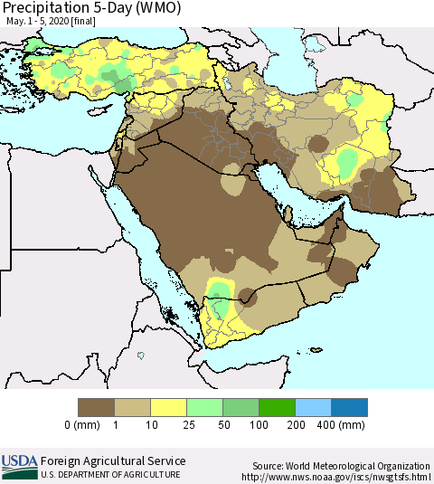 Middle East and Turkey Precipitation 5-Day (WMO) Thematic Map For 5/1/2020 - 5/5/2020
