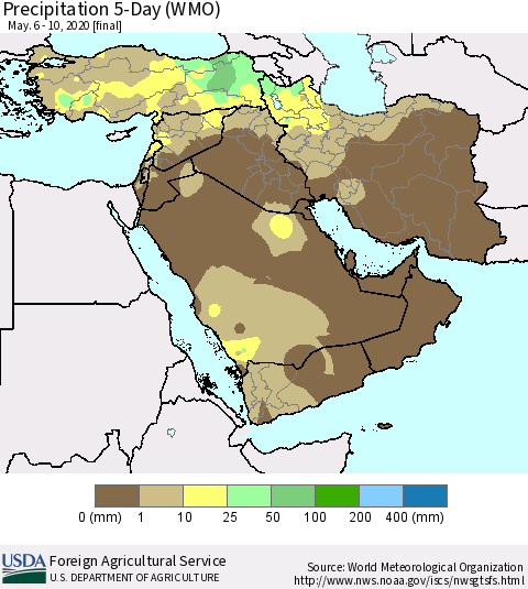 Middle East and Turkey Precipitation 5-Day (WMO) Thematic Map For 5/6/2020 - 5/10/2020