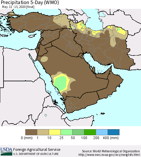 Middle East and Turkey Precipitation 5-Day (WMO) Thematic Map For 5/11/2020 - 5/15/2020