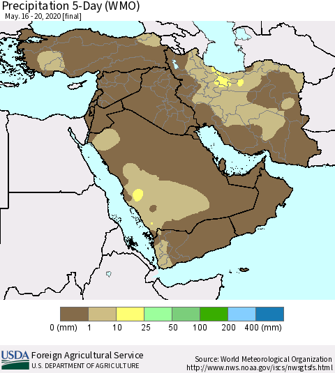 Middle East and Turkey Precipitation 5-Day (WMO) Thematic Map For 5/16/2020 - 5/20/2020