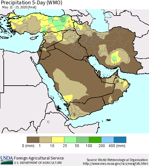 Middle East and Turkey Precipitation 5-Day (WMO) Thematic Map For 5/21/2020 - 5/25/2020