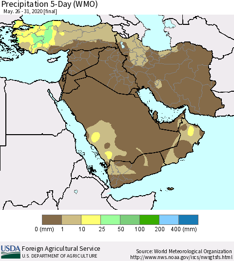 Middle East and Turkey Precipitation 5-Day (WMO) Thematic Map For 5/26/2020 - 5/31/2020