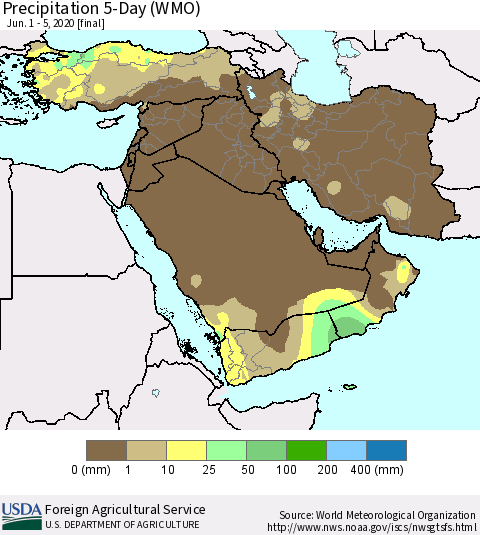 Middle East and Turkey Precipitation 5-Day (WMO) Thematic Map For 6/1/2020 - 6/5/2020