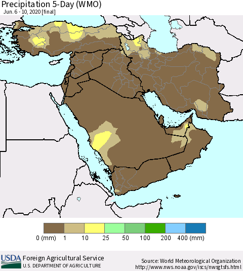 Middle East and Turkey Precipitation 5-Day (WMO) Thematic Map For 6/6/2020 - 6/10/2020