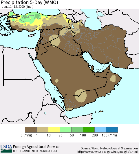 Middle East and Turkey Precipitation 5-Day (WMO) Thematic Map For 6/11/2020 - 6/15/2020