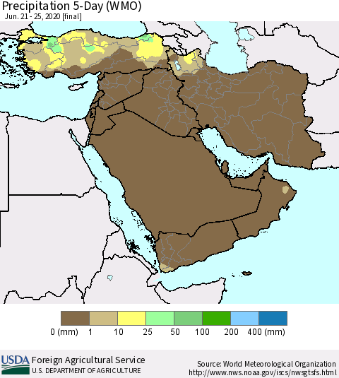 Middle East and Turkey Precipitation 5-Day (WMO) Thematic Map For 6/21/2020 - 6/25/2020