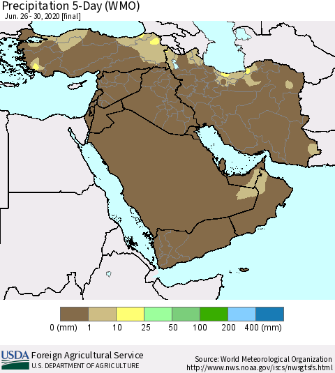 Middle East and Turkey Precipitation 5-Day (WMO) Thematic Map For 6/26/2020 - 6/30/2020
