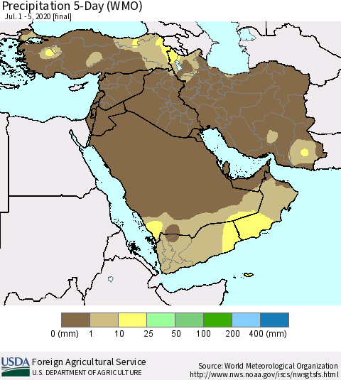 Middle East and Turkey Precipitation 5-Day (WMO) Thematic Map For 7/1/2020 - 7/5/2020