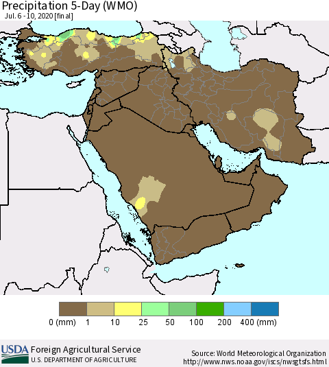 Middle East and Turkey Precipitation 5-Day (WMO) Thematic Map For 7/6/2020 - 7/10/2020