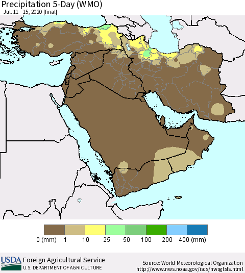Middle East and Turkey Precipitation 5-Day (WMO) Thematic Map For 7/11/2020 - 7/15/2020